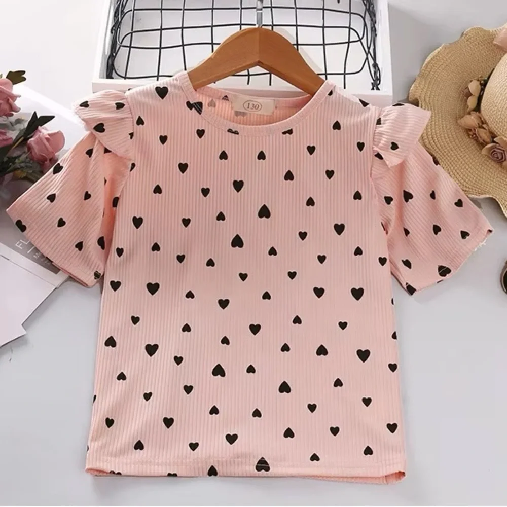 Girls Heart Print Ruffle Pink Tee & Belted Shorts